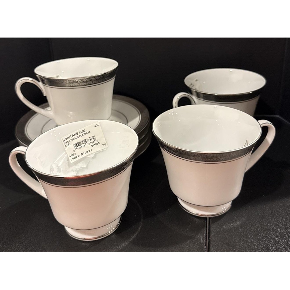 Noritake Crestwood Platinum Tea Cup Saucer Plates Set Of 4 Wedding Party NEW